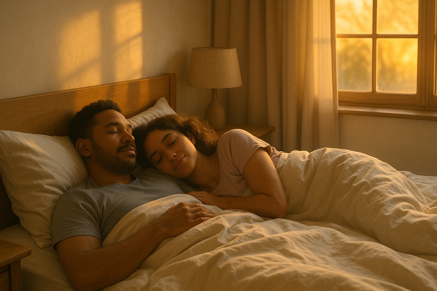 happy couple sleeping in bed, sunrise morning warm light, both wearing covered clothing under the sheets